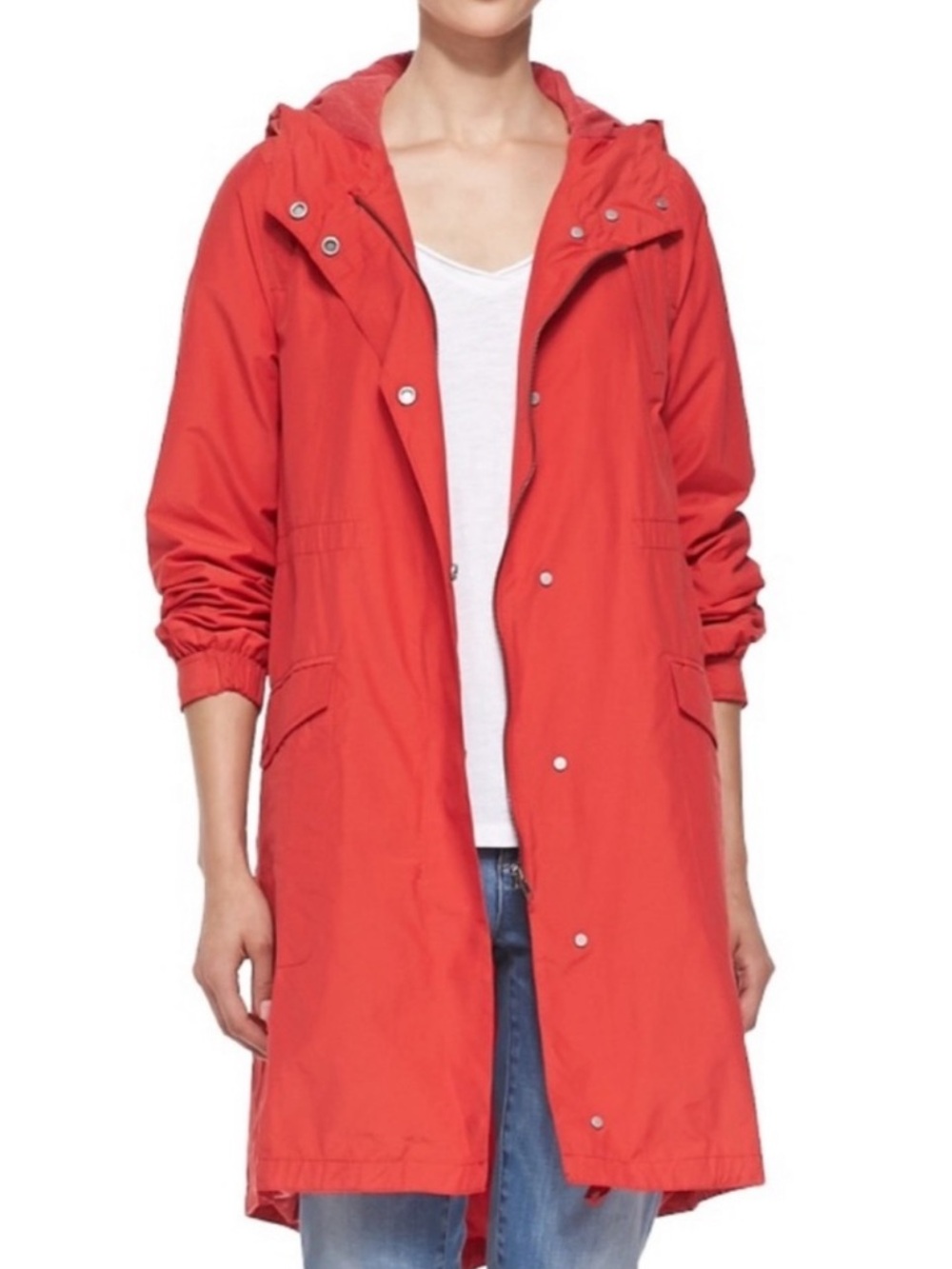 Eileen Fisher Red Hooded Long Anorak Jacket Size L